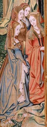 Flämischer Wandteppich. Serie Die Geschichte von David und Bathseba. Hochzeit von David und Bathseba. Zweites Panel der Serie. Modell anonym. Herstellung unbekannt, Brüssel. 1505. Stoff Gold, Seide und Wolle.