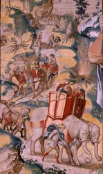 Flämischer Wandteppich. Serie Die Geschichte von Hannibal. Der Übergang über die Alpen. Zweiter Wandteppich der erhaltenen. Modelle Anonymer Meister der Niederlande. Brüsseler Herstellung, Werkstatt. Ca. 1570. Stoff Wolle und Seide, 6,5/7 Kettfäden pro cm.