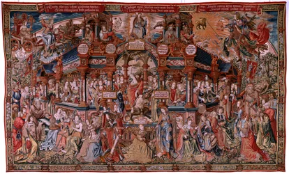 Flämischer Wandteppich. Serie Die Ehren. Tugend. Achter Wandteppich der Serie. Modell Zeichner aus dem Kreis von Bernard van Orley und Jan Gossaert. Herstellung Pieter van Aelst, Brüssel. Ca. 1550