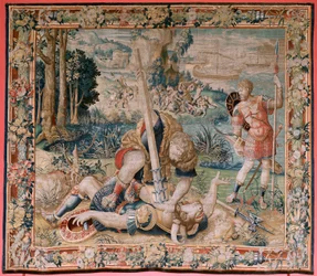 Flämische Tapisserie. Serie Die Arbeiten des Herkules. Herkules kämpft gegen den Minotaurus. Zweiter Wandteppich in der erhaltenen Serie. Modell Unbekannt. Herstellung Willem Dermoyen, Brüssel. Ca 1528.