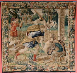 Flemischer Wandteppich. Serie Die Arbeiten des Herkules. Herkules im Garten der Hesperiden. Fünfter Wandteppich in der erhaltenen Serie. Modell Unbekannt. Herstellung Willem Dermoyen, Brüssel. Ca. 1528. Stoff Seide und Wolle.