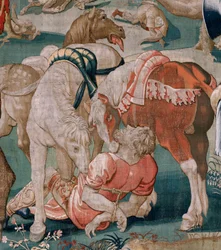 Flandrischer Wandteppich. Serie Die Arbeiten des Herkules. Die Pferde des Diomedes. Dritter Wandteppich in der erhaltenen Serie. Herstellung Willem Dermoyen, Brüssel. Ca. 1528.