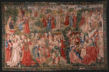 Serie Das Gleichnis von den Arbeitern im Weinberg. Der Ruf an die Arbeiter. Erster Wandteppich der Serie. Herstellung Brüssel, Pieter van Aelsts Werkstätten (?). Ca 1500.