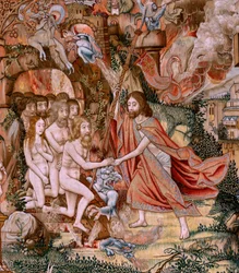 Flandrischer Wandteppich. Serie Die Passion Christi. Die Kreuzabnahme. Zweite Wandteppichserie der Passion Christi, die zum Patrimonio Nacional gehört. Modellzeichner aus dem Kreis von Jan van Roome. Herstellung Pieter van Aelst, Brüssel.