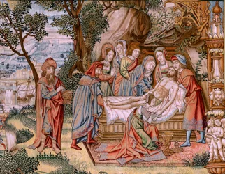 Flämischer Wandteppich. Serie Die Passion Christi. Die Kreuzabnahme. Die zweite Wandteppichserie der Passion Christi, die zum Patrimonio Nacional gehört. Modell Kartonisten aus dem Kreis von Jan van Roome. Herstellung Pieter van