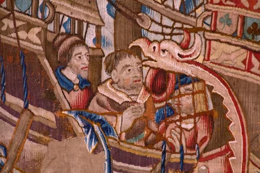 Flämischer Wandteppich. Serie Die Portugiesen in Indien: Die Ankunft in Calicut. Ca. 1510. Sammlung Caixa Geral de Depósitos, Lissabon. (Detail)