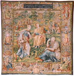 Flämischer Wandteppich. Serie Die Sieben Tugenden. Mäßigung (La Templanza). Modell basierend auf Michiel Coxcie. Herstellung Brüssel. Hergestellt von Frans Geubels. Ca. 1560-1570. Seide und Wolle. Größe 330 x 320 cm. Standort Kathedrale von Burgos.