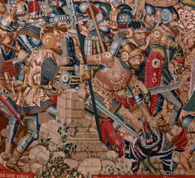 Serie Der Trojanische Krieg. Die Zerstörung von Troja (Destrucción de Troya). Elfte Tapisserie in der Serie. Modell Coëtivy Meister (Henry oder Conrard de Vulcop). Herstellung Tournai Werkstätten. Ca. 1470.