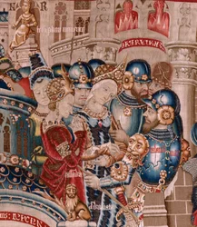 Serie Der Trojanische Krieg. Die Zerstörung von Troja. Elfter Wandteppich der Serie. Modell Coëtivy Meister (Henry oder Conrard de Vulcop). Herstellung Tournai Werkstätten. Ca 1470.