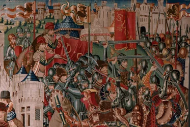 Flämischer Wandteppich. Serie Unbekannt. Römische Geschichte? Tarquinius Priscus. Herstellung Brüsseler Werkstätten?. Ca 1475. Stoff Wolle und Seide, 6 Ketten pro cm. Herkunft Eine Spende von Graf Alba de Aliste, sie kam 1608 in die Kathedrale. Standort