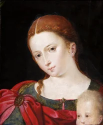 Kopf und Schultern eines Mädchens im roten Umhang über blauem Kleid, ca. 1550