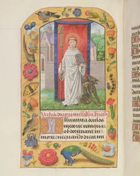 Hl. Bernhard in Zisterziensergewand mit einem angeketteten Teufel hinter ihm, aus einem Stundenbuch, wahrscheinlich Brügge, ca. 1500-05
