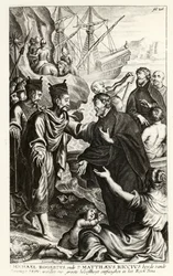Michael Rogerius (1543-1607) und Matthaeus Riccius (1552-1610) kommen an der Küste Chinas an, Illustration aus einer Kirchengeschichte von P. Cornelius Hazart, veröffentlicht in Antwerpen, 1668