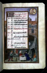 Ms 1058-1975 f1r Festmahl eines Paares, illuminierte Kalenderseite für Januar, aus einem Stundenbuch, ca. 1500 (Pergament)