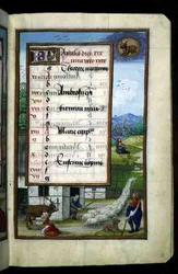 Ms 1058-1975 f4r Hofszene, illuminierte Kalenderseite für April, aus einem Stundenbuch, ca. 1500 (Pergament)
