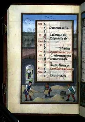 Ms 1058-1975 f8v Kornworfeln in einer Scheune, illuminierte Kalenderseite für August, aus einem Stundenbuch, ca. 1500
