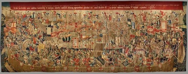 Pfarrmuseum der Wandteppiche (Museo Parroquial de Tapices de Pastrana). Flämischer Wandteppich. Belagerung von Arcila. Serie Eroberungen von König Alfonso I. von Portugal. Tournai.