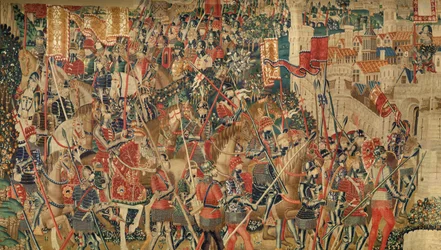 Pfarrmuseum der Wandteppiche (Museo Parroquial de Tapices de Pastrana). Flemischer Wandteppich. Eroberung von Tanger. Serie Eroberungen von König Alfons I. von Portugal. Tournai. Wolle und Seide.