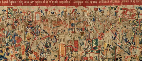 Pfarrmuseum der Wandteppiche (Museo Parroquial de Tapices de Pastrana). Flemischer Wandteppich. Eroberung von Arcila. Serie Eroberungen von König Alfons I. von Portugal. Tournai.