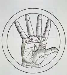 Position der Planeten auf der rechten Hand, Kopie einer Illustration aus De Occulta Philosophia Libri III, von Henricus Cornelius Agrippa, Antwerpen 1533, verwendet in einer Geschichte der Magie, veröffentlicht im späten 19. Jahrhundert