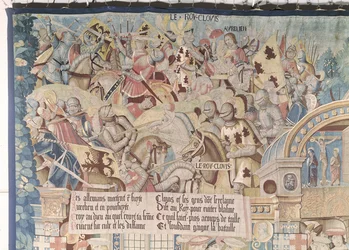 Szenen aus dem Leben des St. Remigius (gest. 553) Detail von Chlodwig I. (465-511) in der Schlacht von Tolbiac gegen die Alemannen im Jahr 496 n. Chr.
