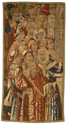 Wandteppich, Eine jüdische Versammlung, hergestellt in Flandern, Belgien, möglicherweise Mitte des 15. Jahrhunderts
