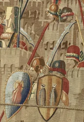 Wandteppich, der die Eroberungen von König Alfons V. von Portugal zeigt, Tournai. Detail.