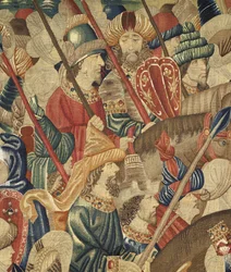 Wandteppich, der die Eroberungen von König Alfons V. von Portugal zeigt, Tournai. Detail.