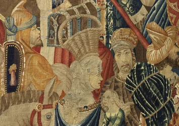 Wandteppich zeigt die Eroberungen von König Alfons V. von Portugal (Conquistas de Alfonso V de Portugal), Tournai. Detail
