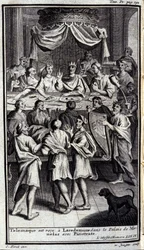 Telemach wird in Lakedaimon im Palast von Menelaos mit Pisistratos empfangen. Illustration für Buch IV der Odyssee von Homer, veröffentlicht in Amsterdam 1731, Mailand