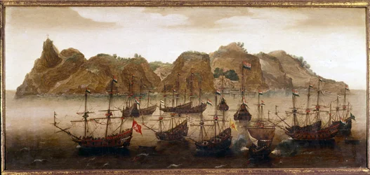 Die niederländische Flotte vor der Insel St. Helena