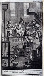 Odysseus bittet Alkinoos um die notwendige Hilfe, um in seine Heimat zurückzukehren. Illustration für Buch VII der Odyssee von Homer, veröffentlicht in Amsterdam 1731, Privatsammlung Mailand