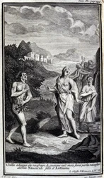 Odysseus entkommt dem Schiffbruch und nähert sich, obwohl nackt, aus Notwendigkeit Nausikaa, der Tochter von Antinoos. Illustration für Buch VI der Odyssee von Homer, in der Odyssee, veröffentlicht in Amsterdam 1731, Mailand.