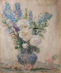 Weiße Rosen und Rittersporn