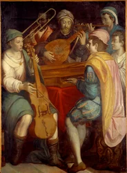 Konzert. Lautenmusiker, Spinett, Posaune und Viola da Gamba