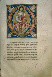 Illuminierte Seite mit Christus in Majestät und Symbolen der Evangelisten (Cod. Calci, ms. 36, c. 120)
