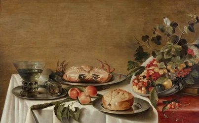 Stillleben mit Obst, Krabbe und Brot