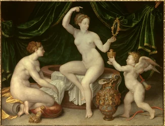 Venus bei ihrer Toilette Gemälde der Schule von Fontainebleau. 16. Jahrhundert. Louvre Museum, Paris