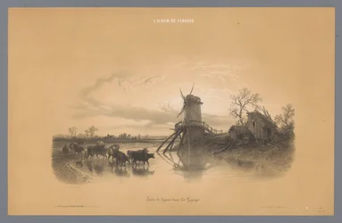 Mühle mit Menschen und Tieren, die durch das Wasser waten