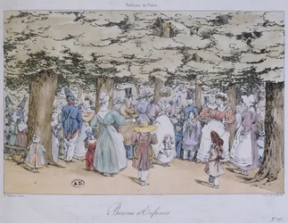 Kinder und Kindermädchen im Park, aus der Serie Tableau de Paris, graviert von C. Motte, 1827