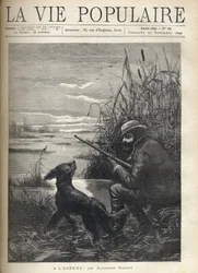 Ein Vogelfänger beobachtet in einem Sumpf mit seinem Hund. Illustration von F. Meaulle für „Hopefully!“ von Alphonse Daudet (1840-1897). Gravur von 1890 in „La vie populaire“. Private Sammlung
