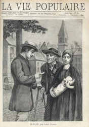 Eine Krankenschwester hält ein neugeborenes Kind, begleitet von ihrem Vater, einem alten Bauern mit entschlossenem Blick, trifft auf einen Mann aus dem Bürgertum, der sorgfältig ein Papier liest, auf dem Platz eines Provinzdorfes. Illustration von Rene Sch