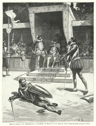 Duell zwischen Guy Cabot de Jarnac und Francois de Vivonne, Seigneur de la Chataigneraie vor König Heinrich II. von Frankreich und seinem gesamten Hof in St Germain-en-Laye