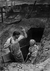 Illustration für den Roman „Les Misérables“ von Victor Hugo (2. Teil: Cosette), Stich von Meaulle: Fauchelevent und Jean Valjean