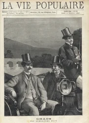 Zwei Männer im Anzug und Zylinder sitzen in einer Pferdekutsche, die von einem Kutscher gelenkt wird. Sie fahren entlang eines Flusses. Illustration für Chaos von Alexandre Hepp (1857-1924). Gravur von Fortune Meaulle (1844-1901)