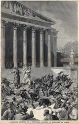 Allgemeines Wahlrecht und die Republik vertreiben die Händler aus dem Tempel - Allegorie auf die Folgen der Panama-Affäre - Gravur von Meaulle nach Henri Meyer