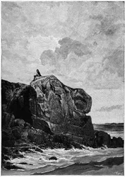 Victor Hugo im Exil auf Jersey im Jahr 1855, auf dem Proscriit-Felsen. Gravur von Louis Fortuné Méaulle (1844-1901), von dem Hugo sagte: „Ich denke, er graviert“.
