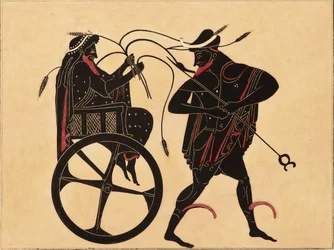 Druck der Dekoration auf einer griechischen Amphore, zeigt Triptolemus und Hermes, um 1858