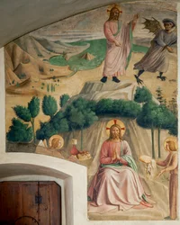 Cella 32: Jesus vertreibt den Teufel, der ihn in der Wüste versucht; Engel bringen ihm Brot
