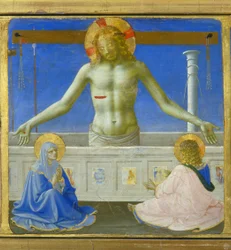 Christus steht in seinem Grab (Auferstehung) - unterer Teil (Predella) der „Krönung der Jungfrau“, der Christus am Grab und sechs Episoden aus dem Leben des heiligen Dominikus, des Gründers des Ordens, dem Fra Angelico angehörte, darstellt